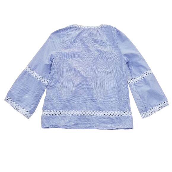 Pinstripe Crochet Inset Top Blue White Stripe Size S VNeck Peck & Peck NWT - Picture 7 of 8